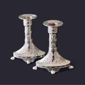 (2) VINTAGE Faith Mfg Co ART DECO Chrome Embossed Filigree Candle Holder